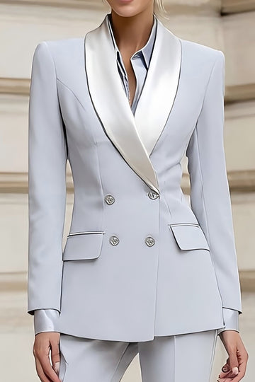 Light Grey Shawl Lapel 2 Piece Double Breasted Slim Fit Women Suits